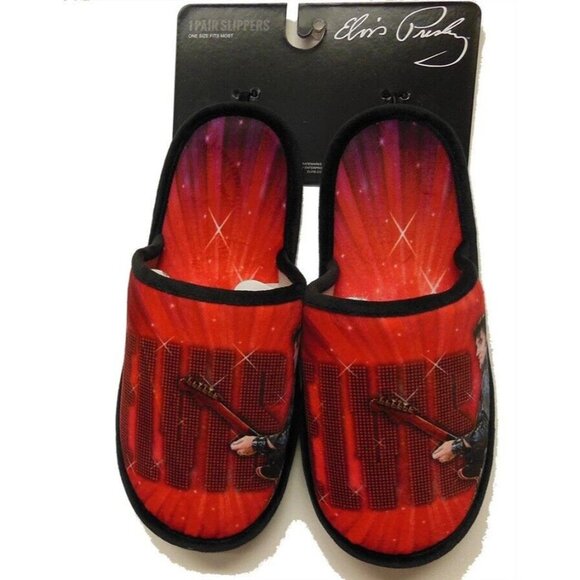 New Red Slippers Elvis Presley One Size Slip On 68 Comeback Guitar Photo NIP NWT - Picture 2 of 2